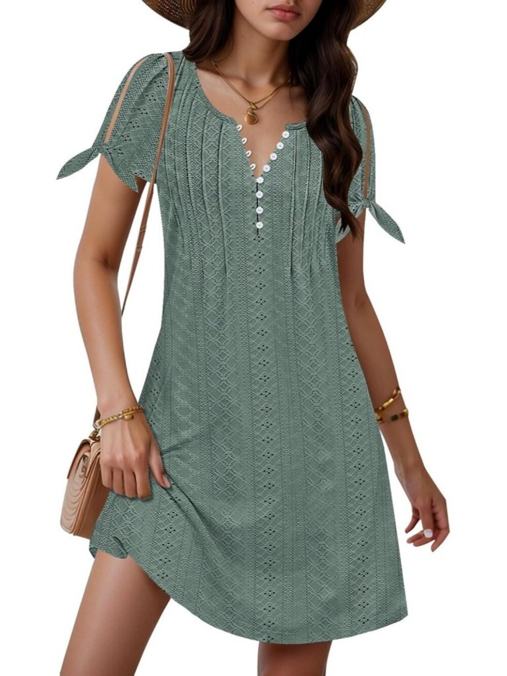 Women's Lace Green Cover Short Sleeve Summer Neck Button Down Boho Mini Dress